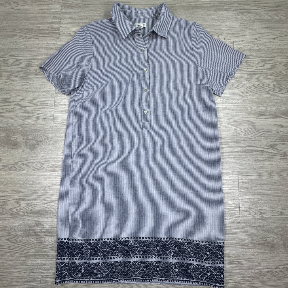 Artisan NY Women Shirt Dress Blue White Striped Linen Small Embroidered Hem Boho